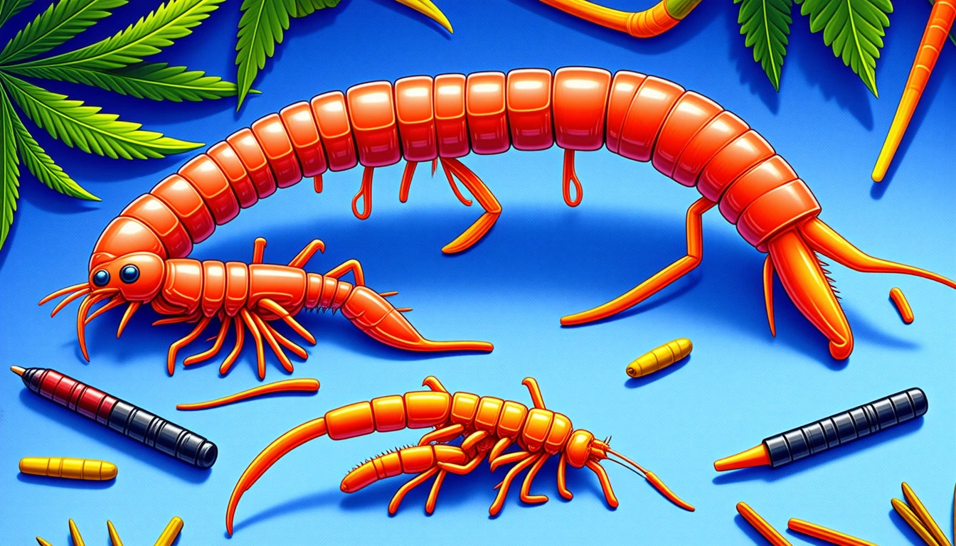 Orange centipede-like creatures on a blue surface with green leaves and scattered colored pencils