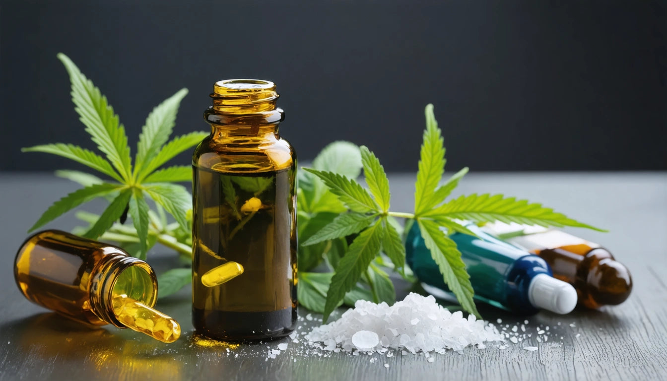 Amber glass bottles, one with a yellow capsule, surrounded by green leaves and white crystalline powder on a dark surface