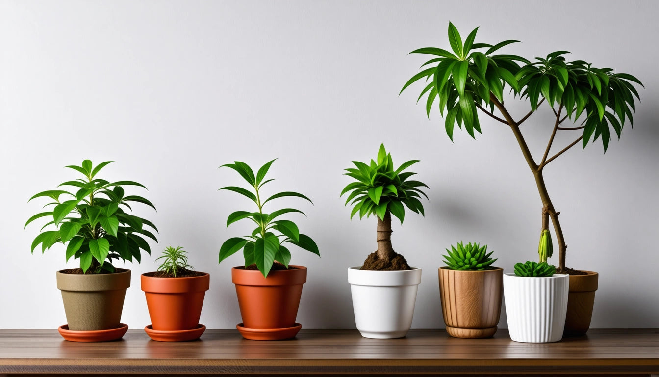 Six potted plants on a wooden shelf, varying in size and shape, with green leaves against a plain white background