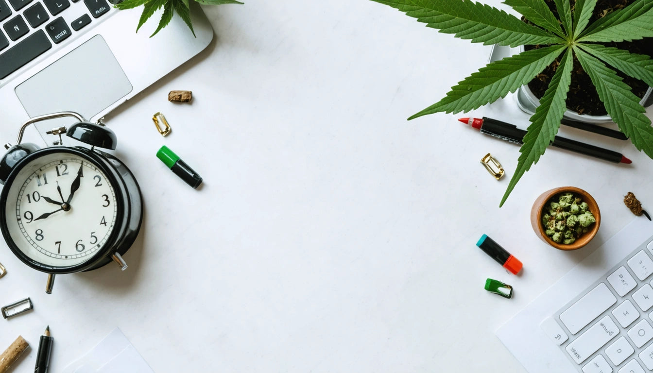 Clock, laptop corner, cannabis leaves, pens, paper clips, and small bowl on white surface