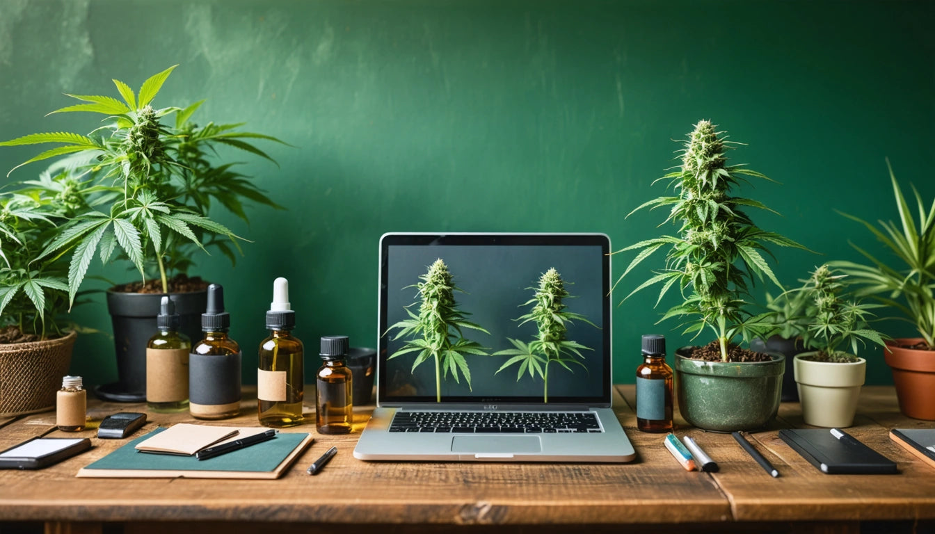 Laptop displaying cannabis plants, surrounded by cannabis plants in pots, bottles, notebooks, and pens on wooden table