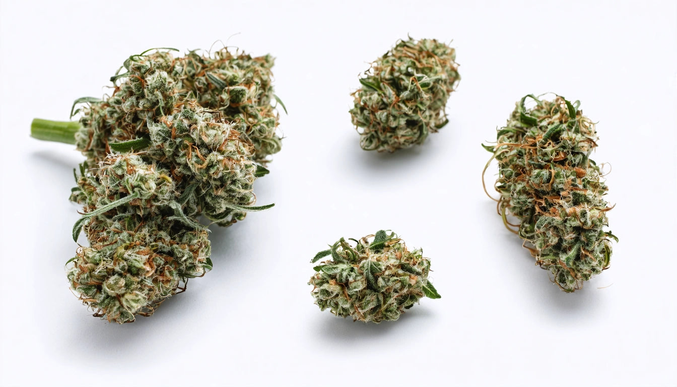 Four dense, green and orange buds with visible trichomes on a white background