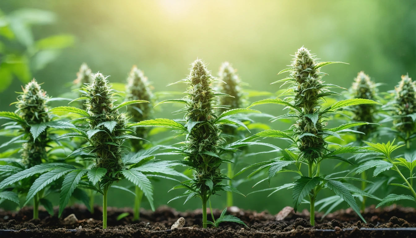 Green plants with spiky leaves and buds in soil, sunlight filtering through a blurred green background