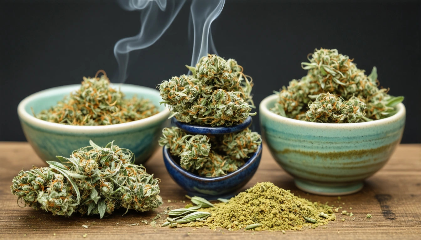 Three ceramic bowls filled with green, leafy buds, with smoke rising, and a pile of ground green material on wooden surface