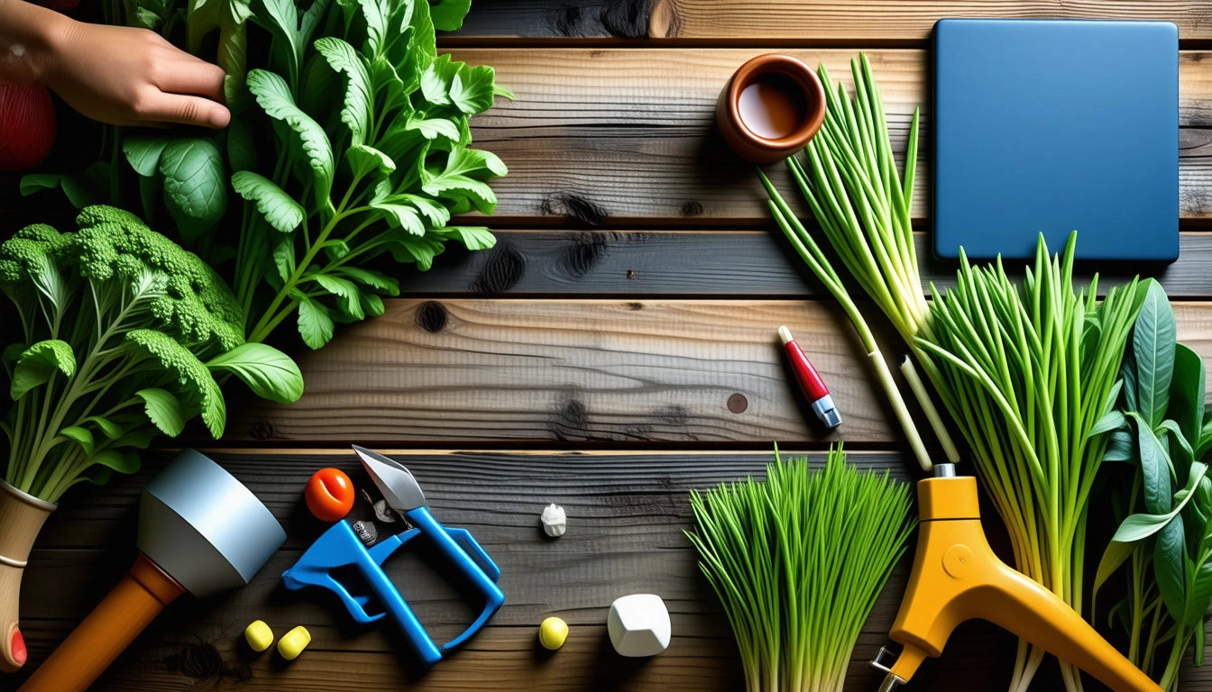 Hand reaching for leafy greens on wooden table with gardening tools, potted plant, small red bottle, and a blue tablet
