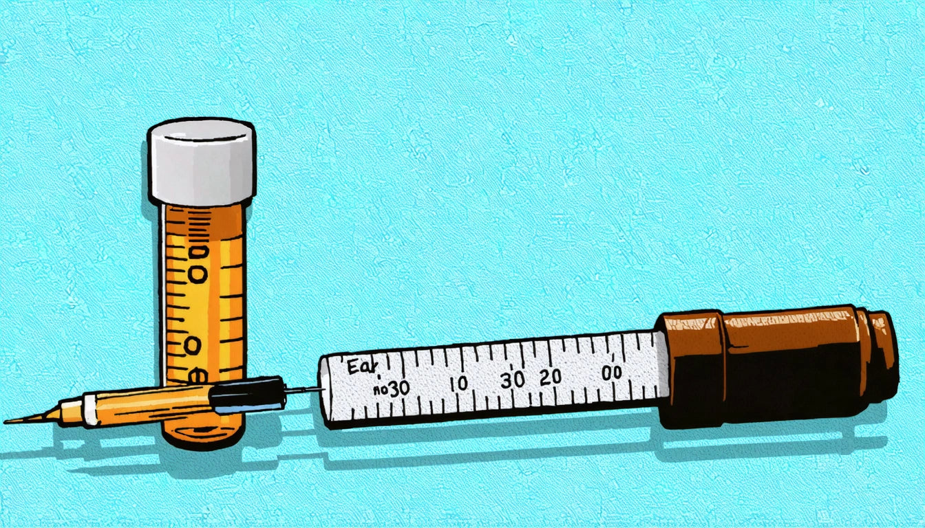Orange syringe with black markings and a white cap lying next to a brown and white ruler on a textured blue background