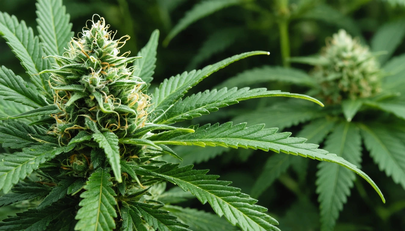 Close-up of green plant with pointed leaves and a dense, spiky cluster of small, white-tipped buds
