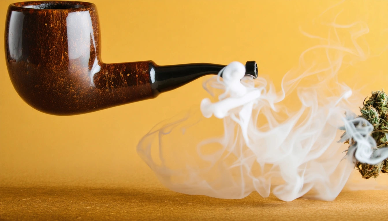 Brown smoking pipe with white smoke swirling towards a small bundle on a yellow background
