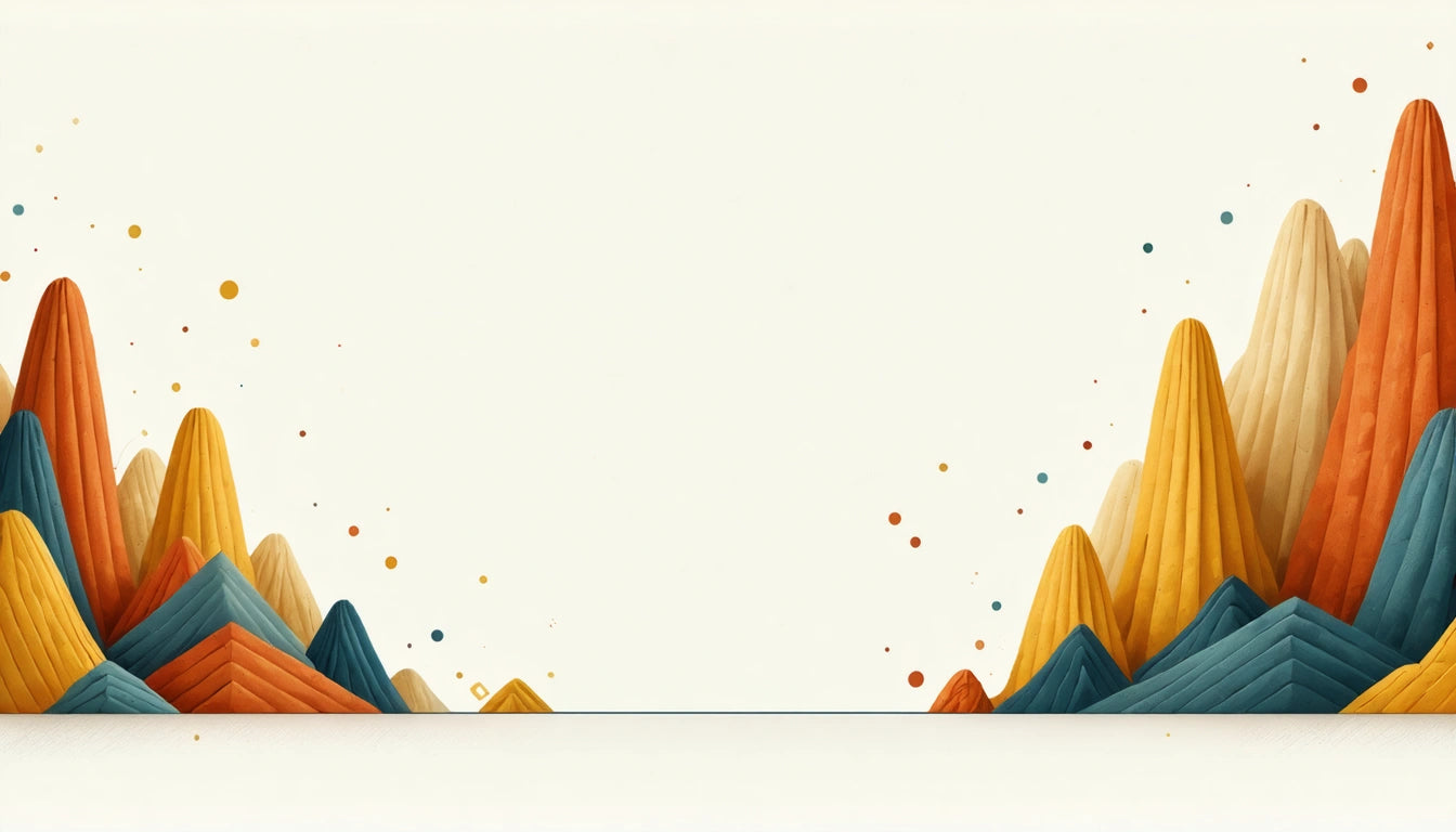 Colorful abstract mountains with orange, blue, and yellow peaks on both sides, scattered dots on a white background