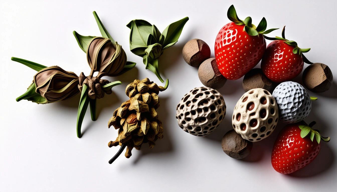 Green leaves, brown pinecone, and assorted textured objects, including red strawberries and patterned spheres, on white background