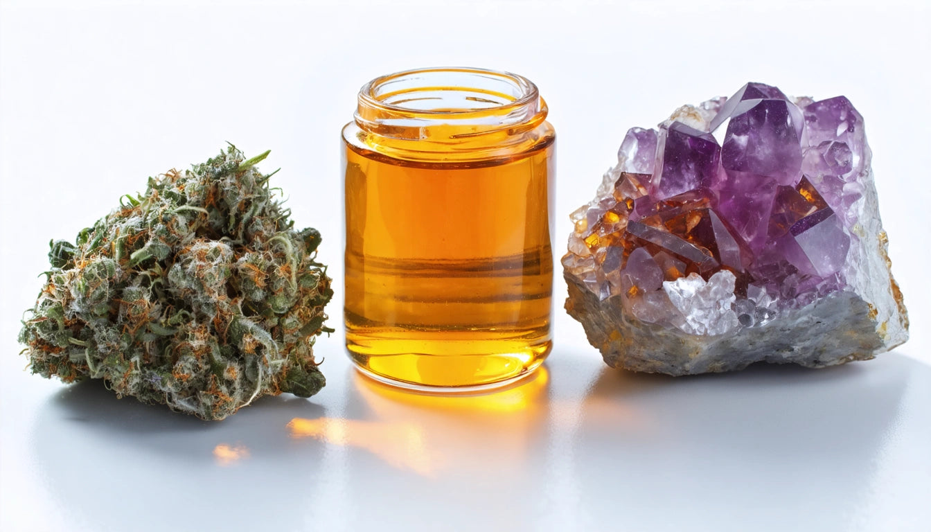 Glass jar filled with amber liquid between a green, textured plant bud and a cluster of purple crystals on a white surface