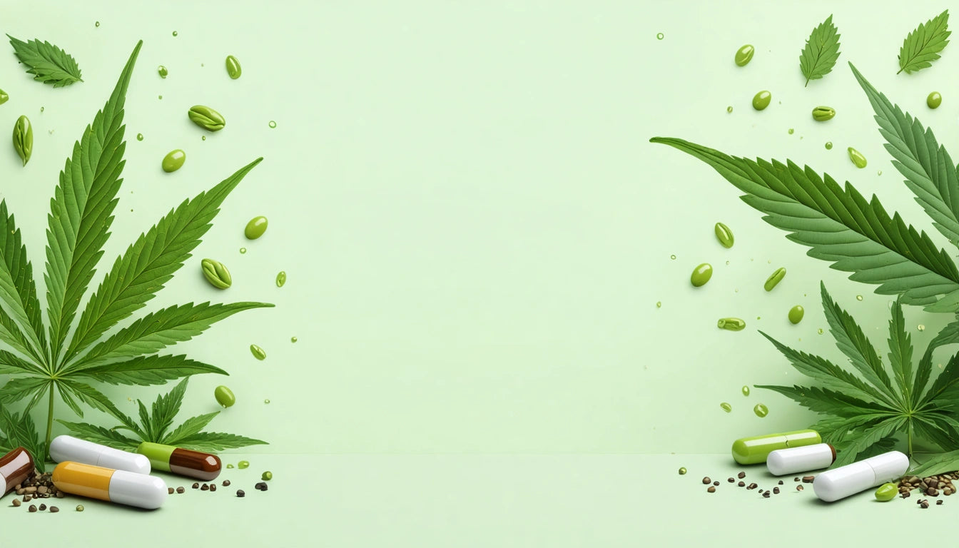 Green leaves and scattered seeds on light green background, with pills and capsules at bottom corners