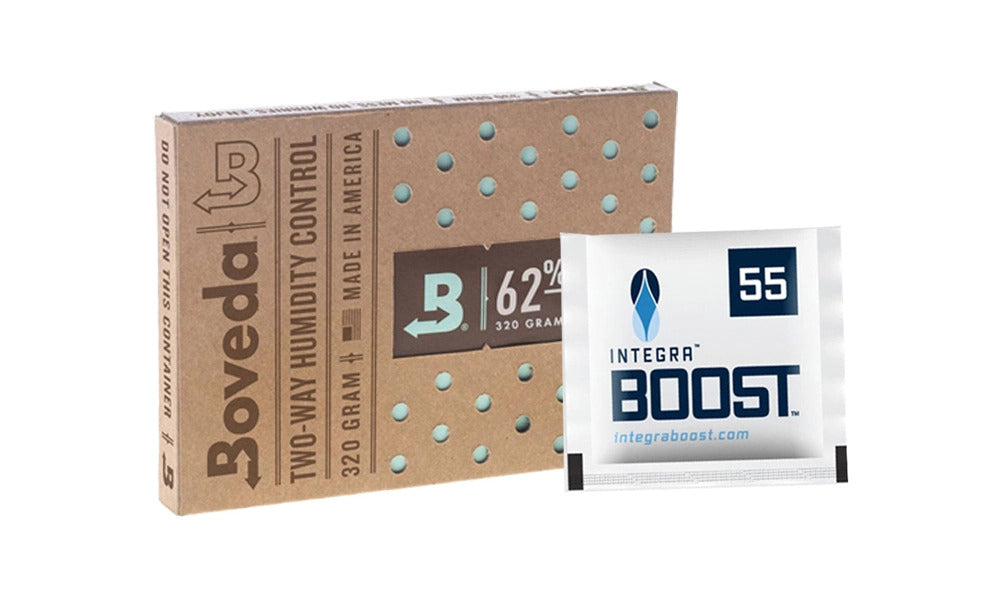 Glass jar with green leaves, small black dish with soil, cannabis buds, and clear bottle on a gradient green background