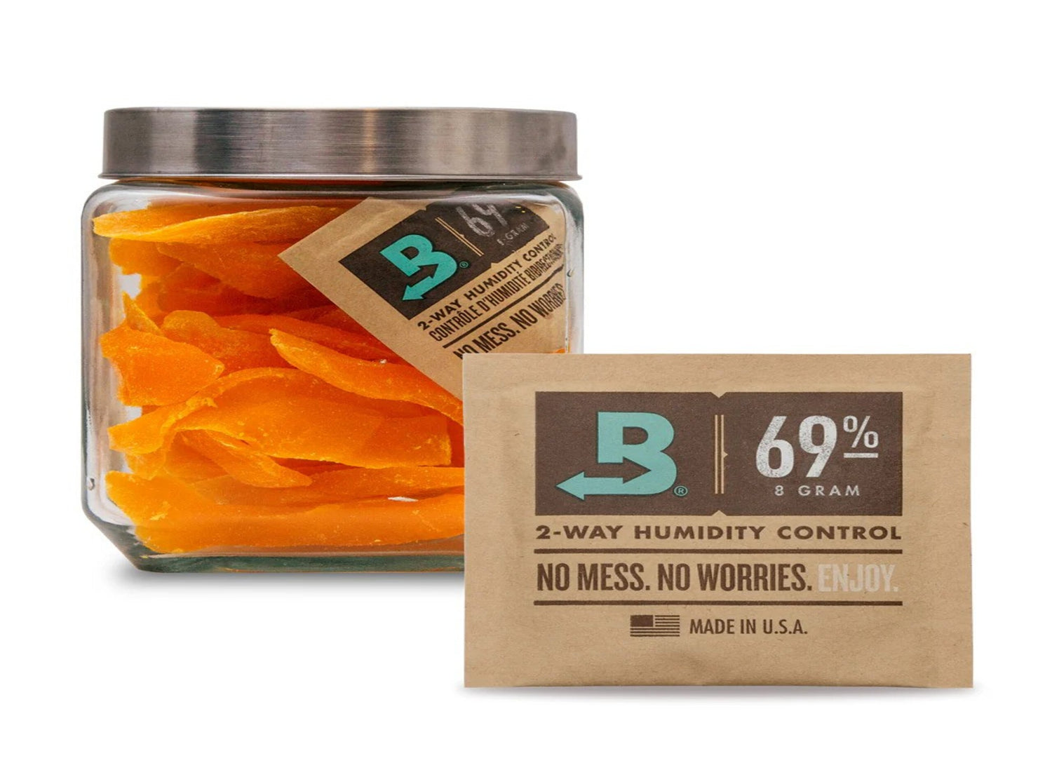 Two clear containers with green buds, one tipped over, and a single green leaf on a teal background