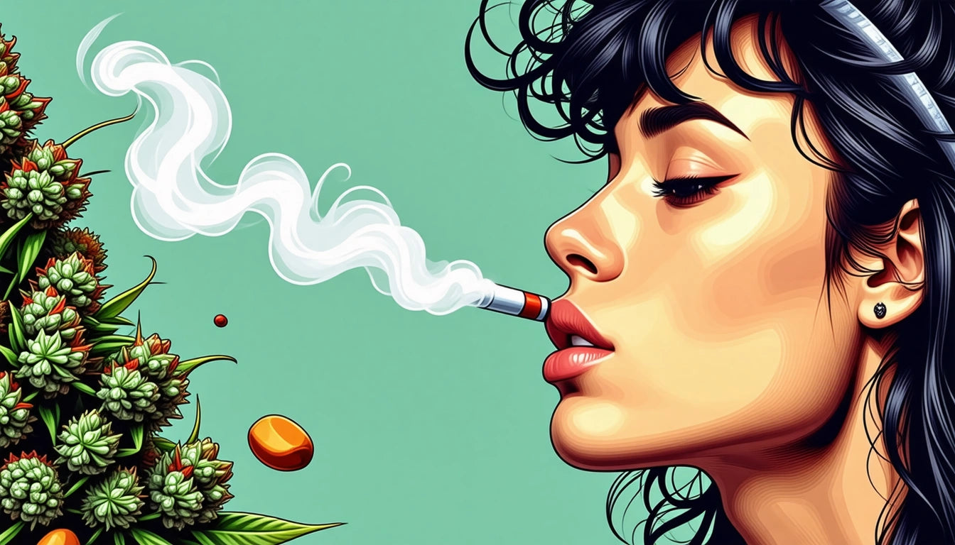 Woman with dark hair blowing smoke from a cigarette, colorful plants and capsules floating nearby, green background