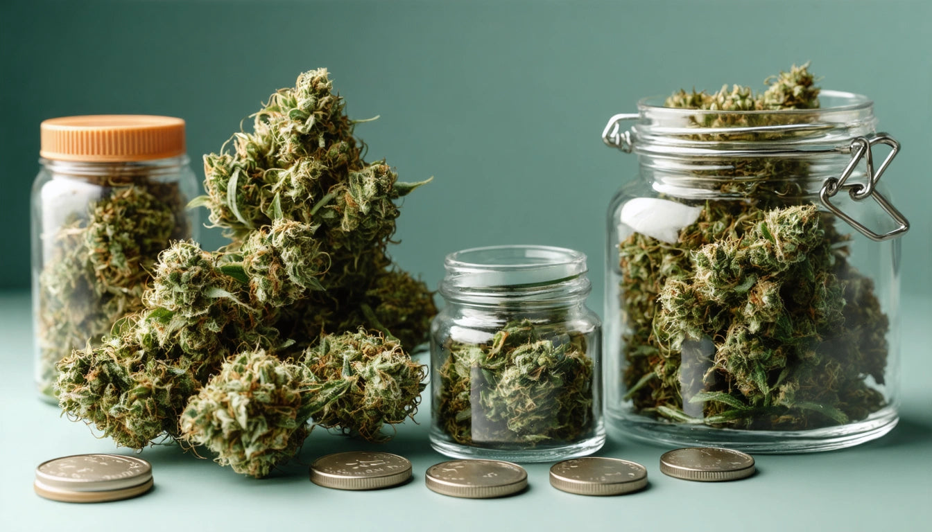 Glass jars filled with green, leafy buds next to scattered coins on a light green surface