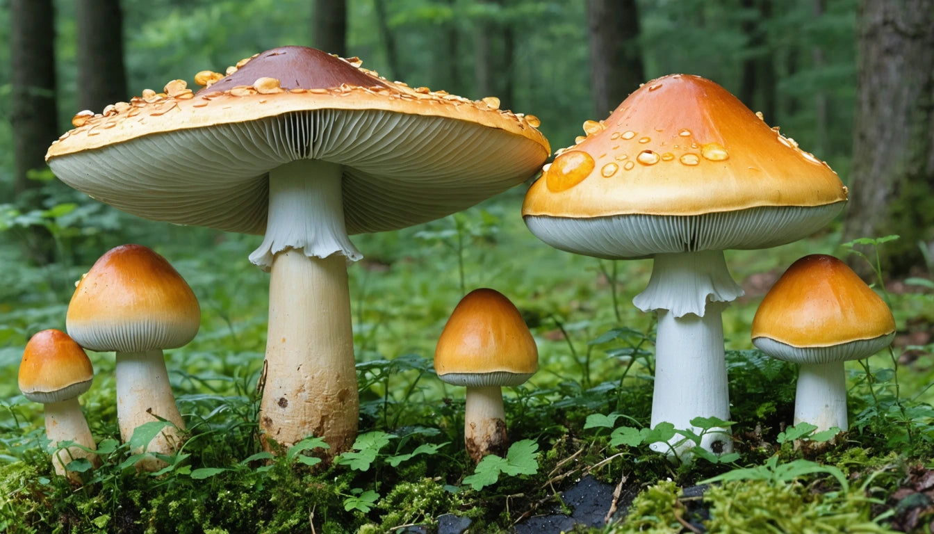 Cluster of orange and white mushrooms with water droplets on caps, surrounded by green moss and forest background