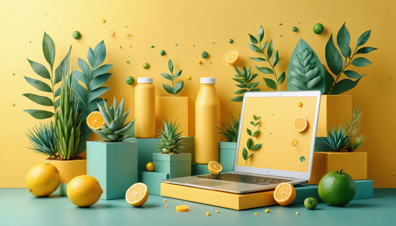 Laptop on a yellow and teal surface surrounded by lemons, limes, orange slices, and potted plants against a yellow background