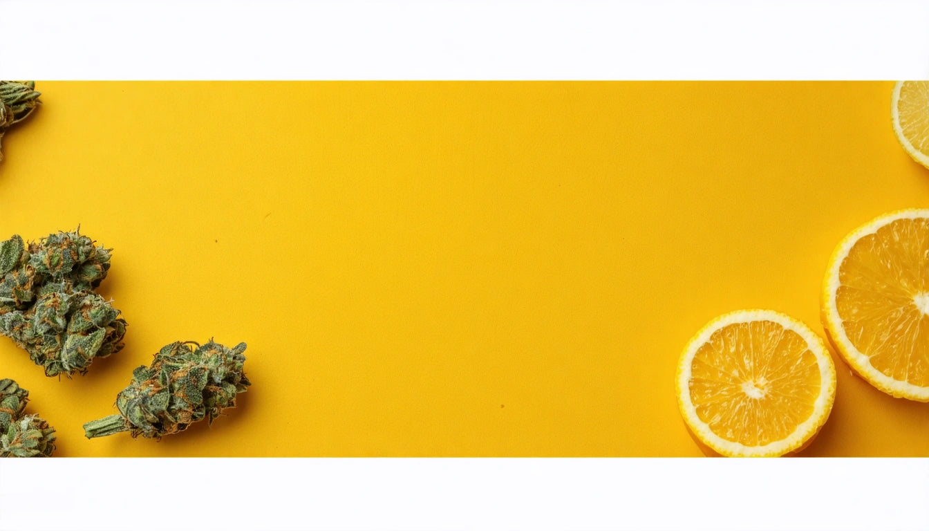 Green buds on left, two orange slices on right, all on bright yellow background