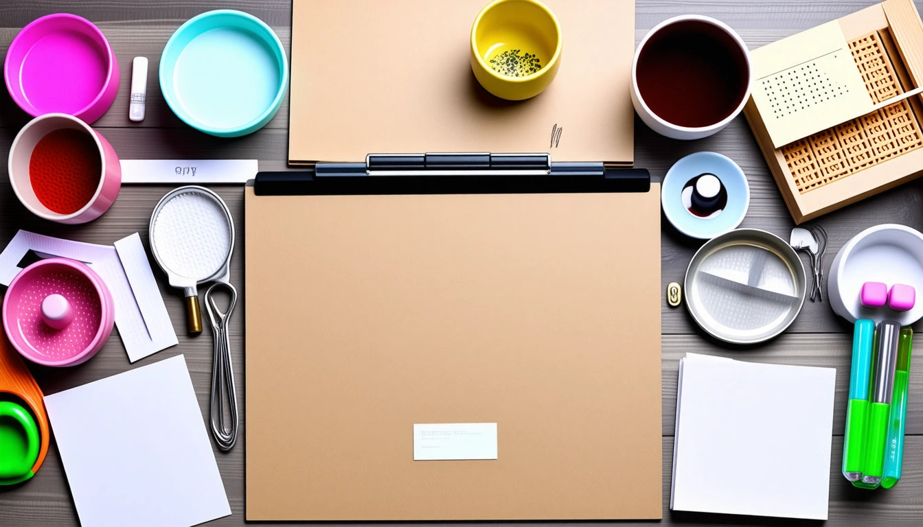 Two closed laptops surrounded by colorful bowls, cups, a whisk, papers, and office supplies on a wooden surface