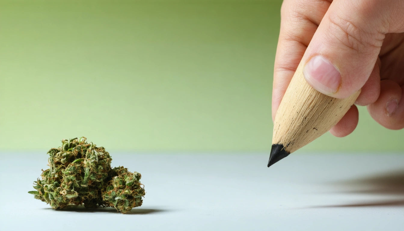 Hand holding a large pencil near a small pile of green, textured plant material on a light surface with a green background