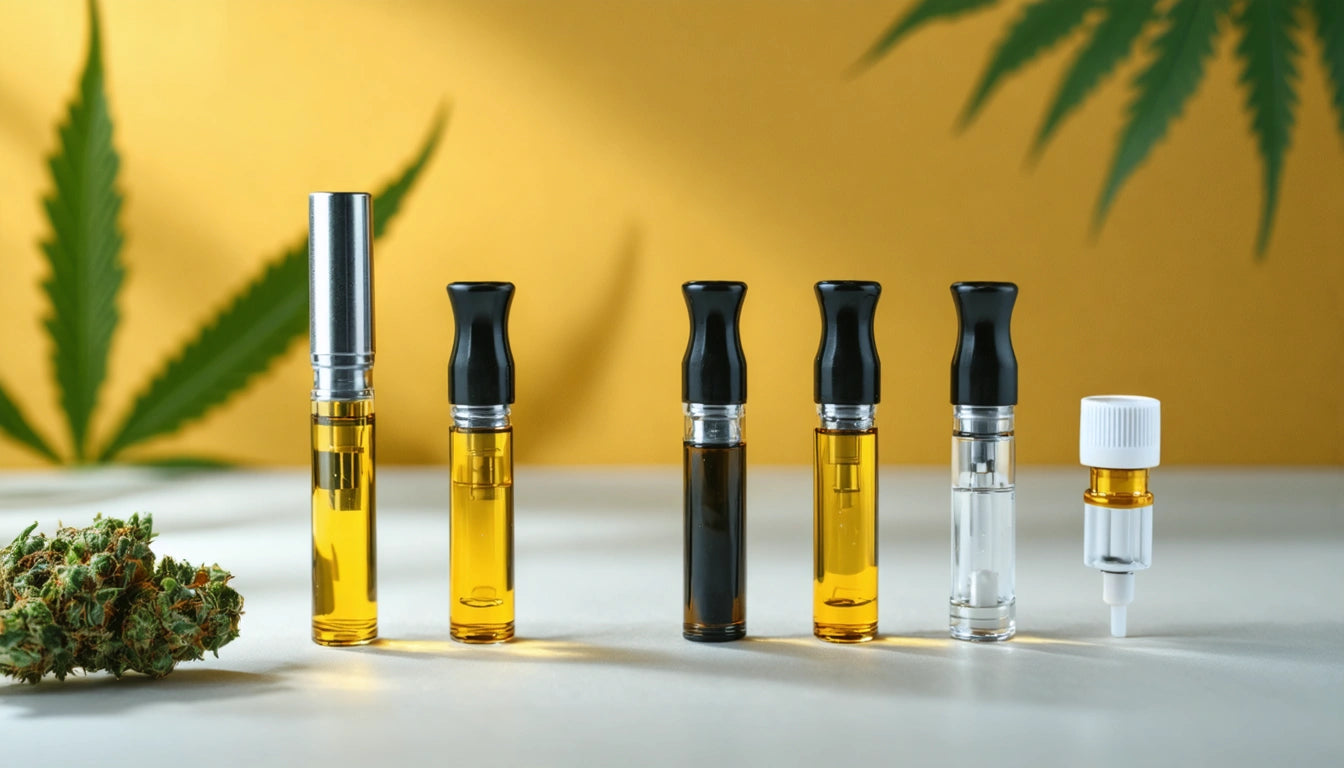 Six vape cartridges with varying liquid levels on a white surface, cannabis leaves in the background, yellow backdrop