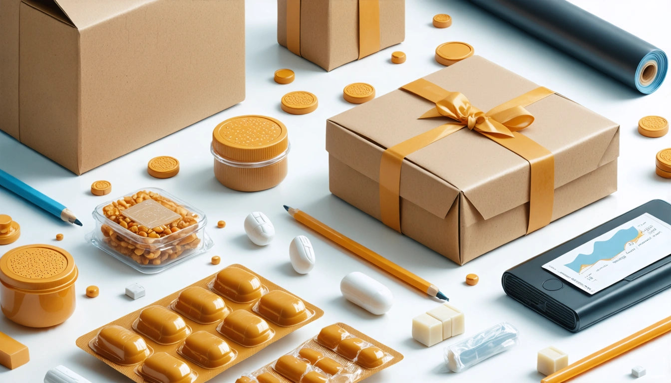 Brown gift box with ribbon, assorted packaging, pills, pencils, and smartphone on white surface