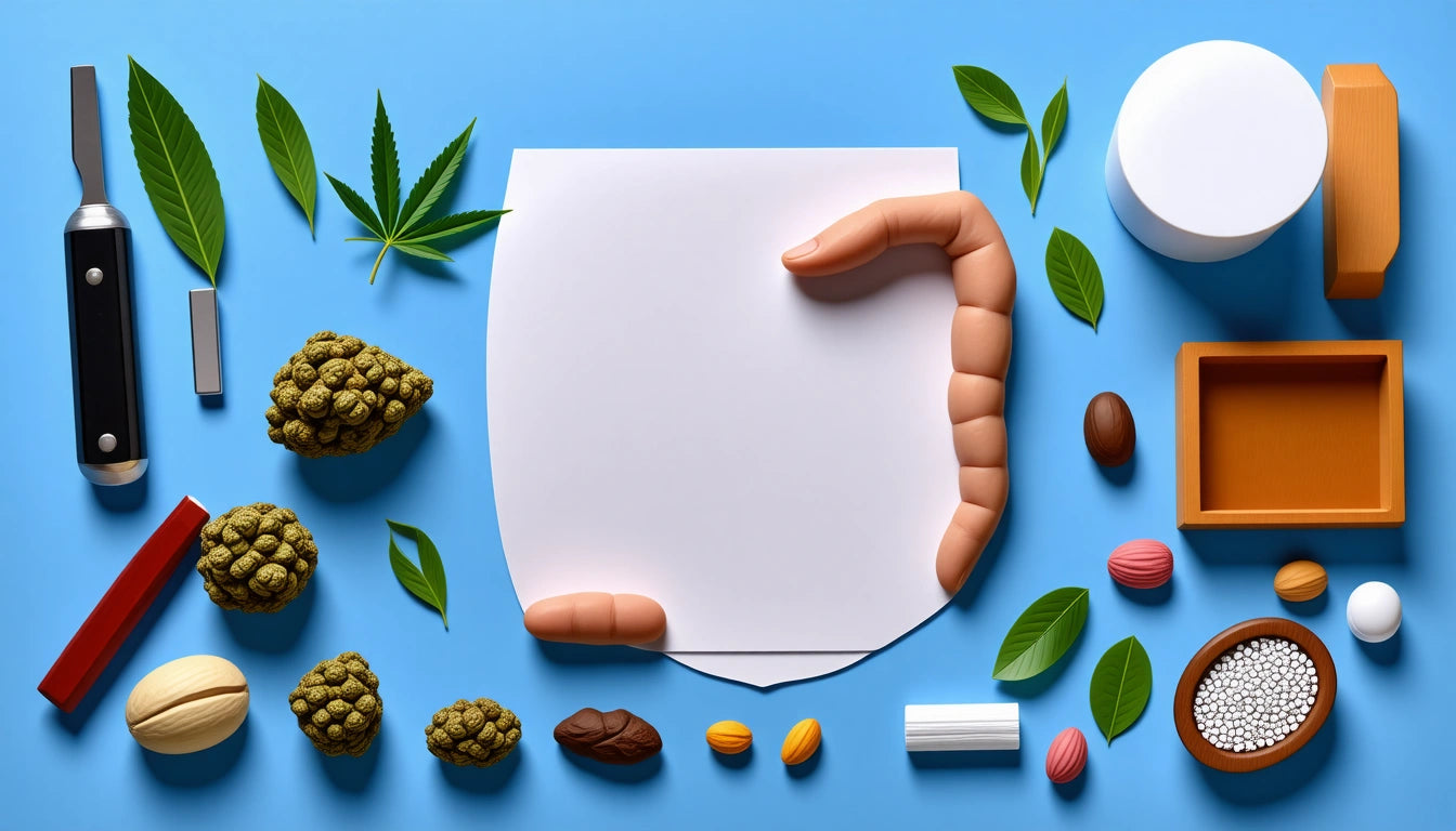 White paper held by clay fingers, surrounded by leaves, nuts, a knife, and various small objects on a blue background