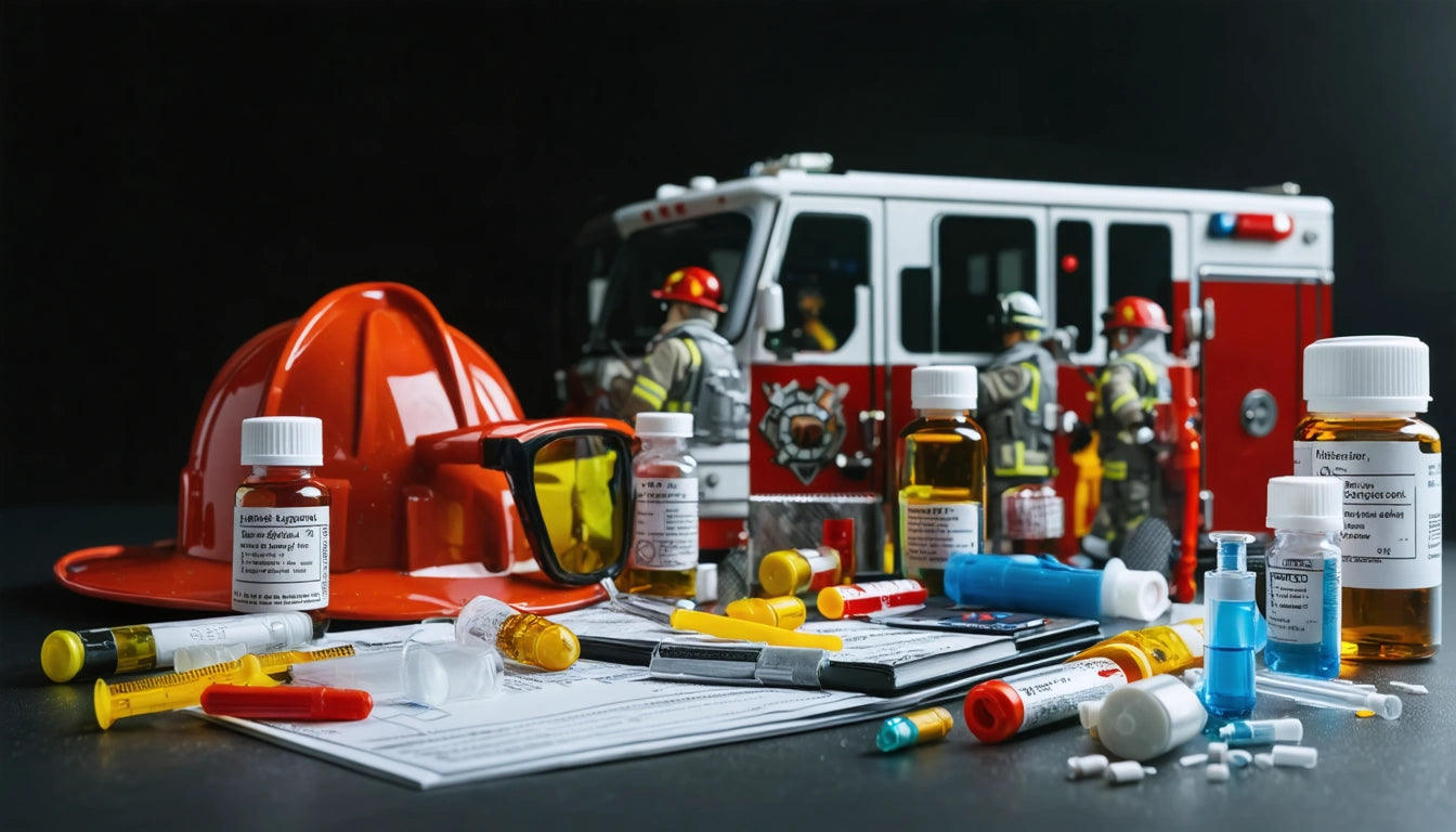 Orange hard hat, safety goggles, and various medicine bottles on a table; firefighters and red fire truck in the background