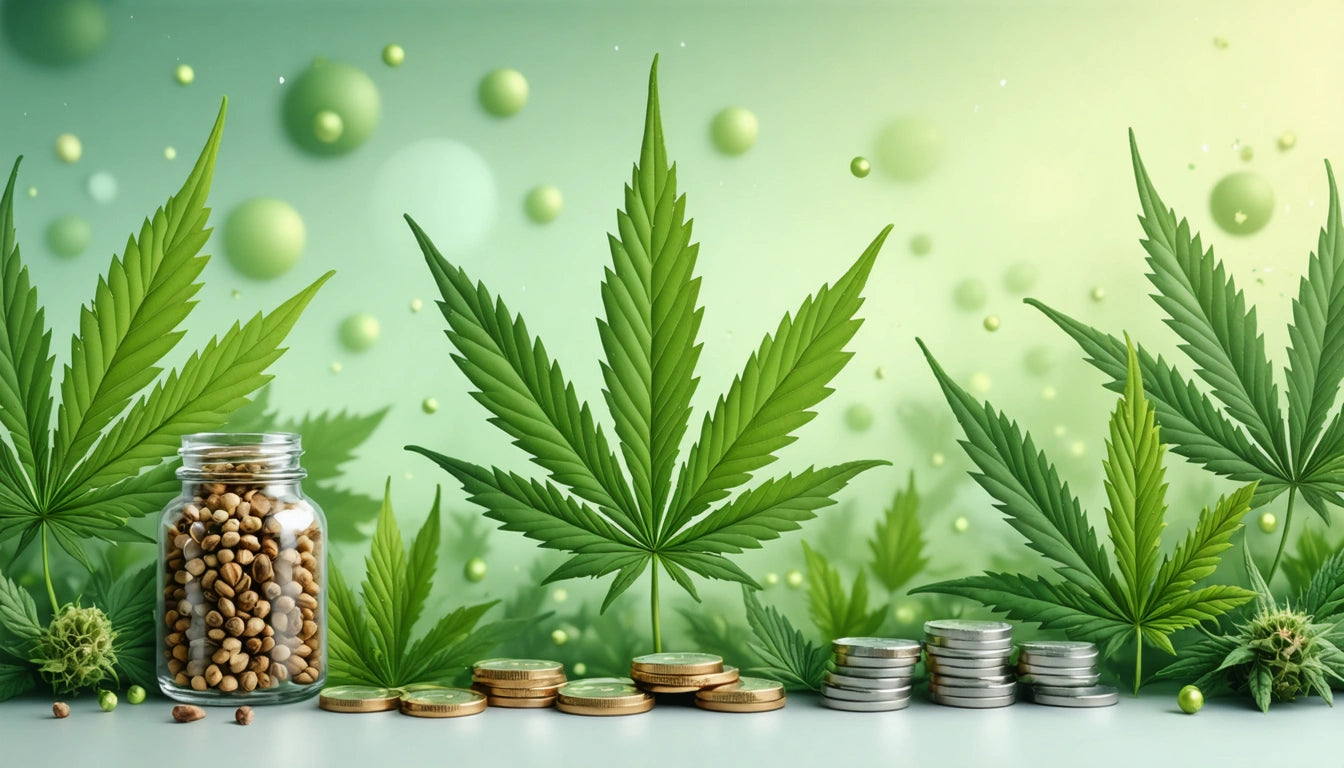 Glass jar of seeds, cannabis leaves, stacks of coins on a surface, green background with floating bubbles