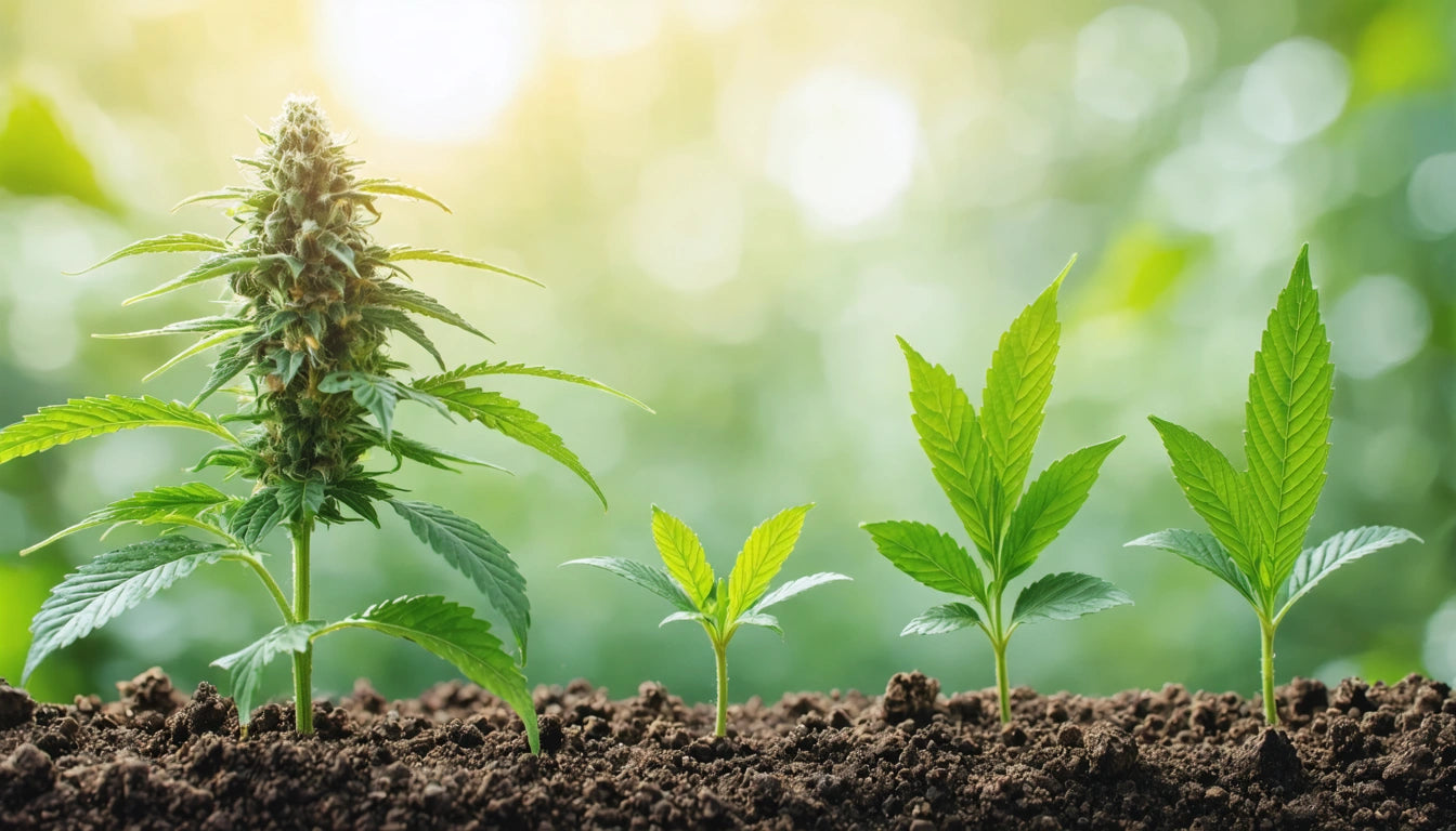 Four plants in soil at different growth stages, from small sprout to tall plant with buds, against a blurred green background