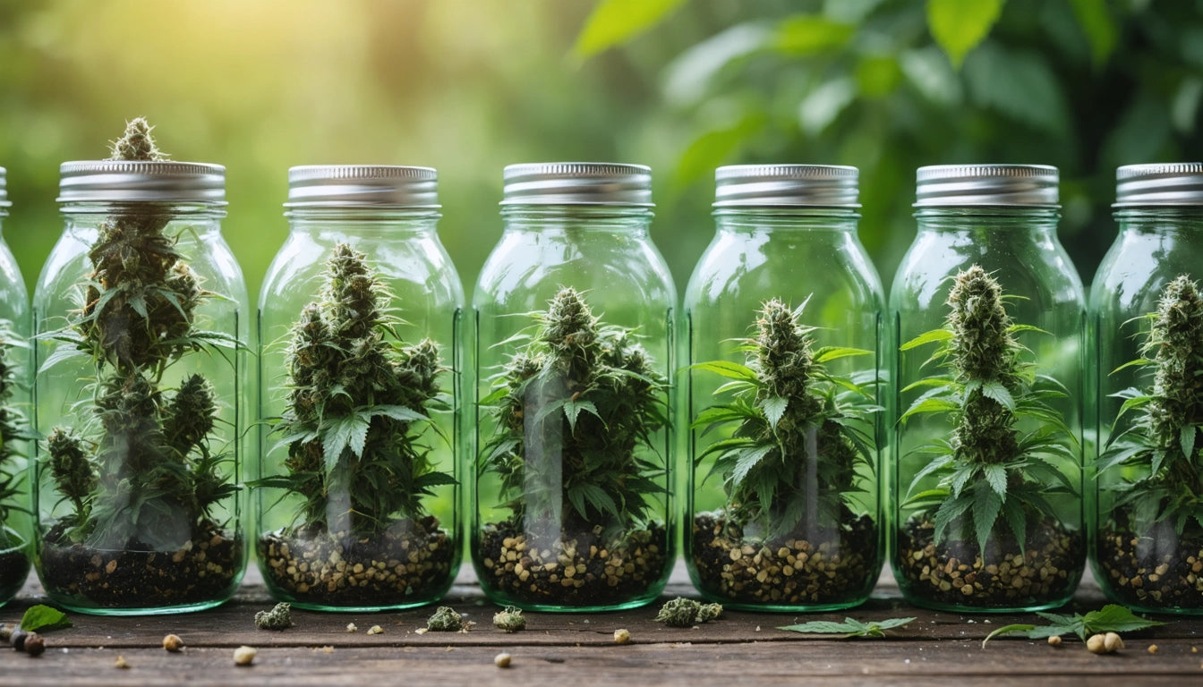 Seven glass jars with green plants and soil, arranged in a row on a wooden surface, with sunlight and greenery in the background