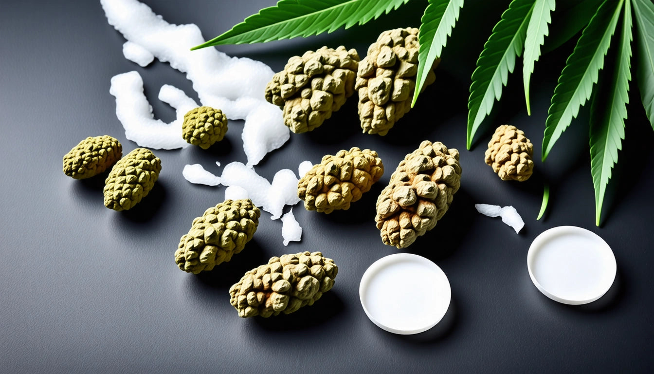 Green pine cones scattered on a dark surface with white cotton-like material, two white lids, and large green leaves