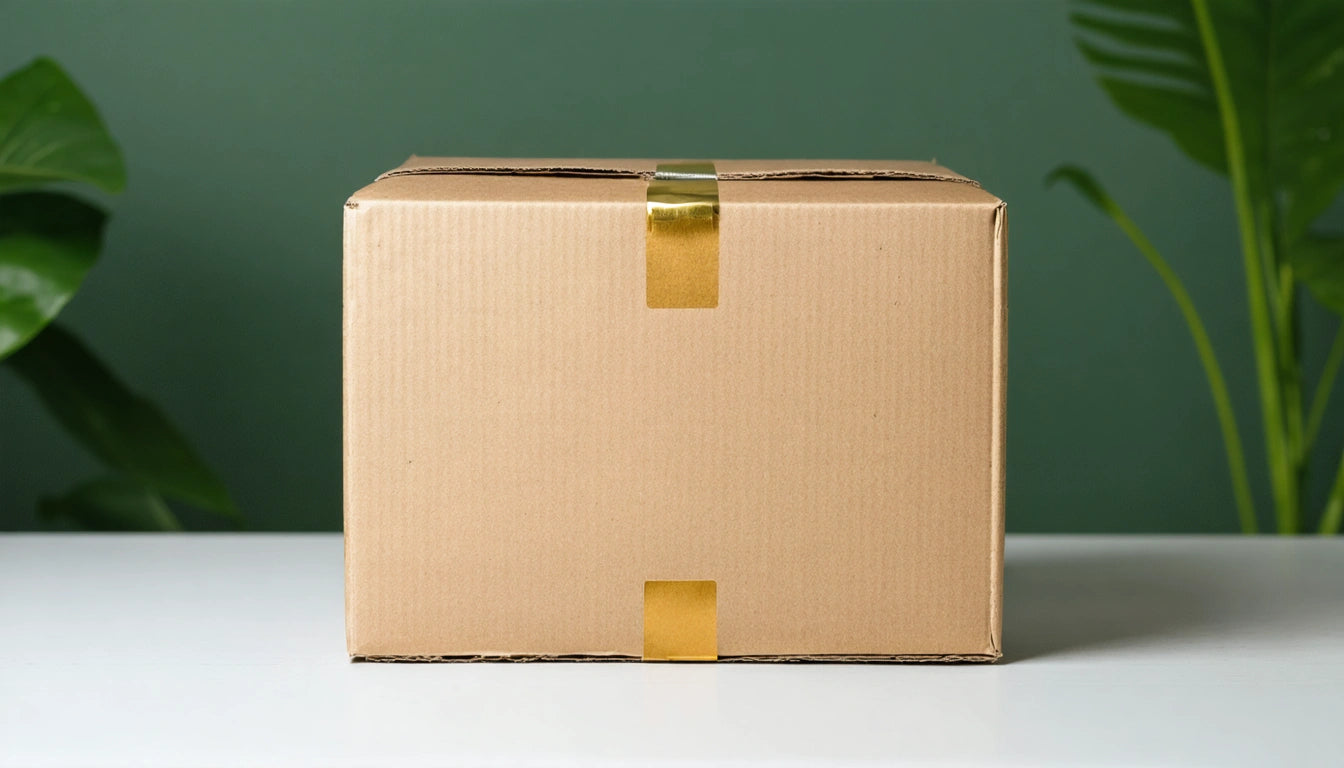 Brown cardboard box with gold tape on top, placed on a white surface, green leaves in the background