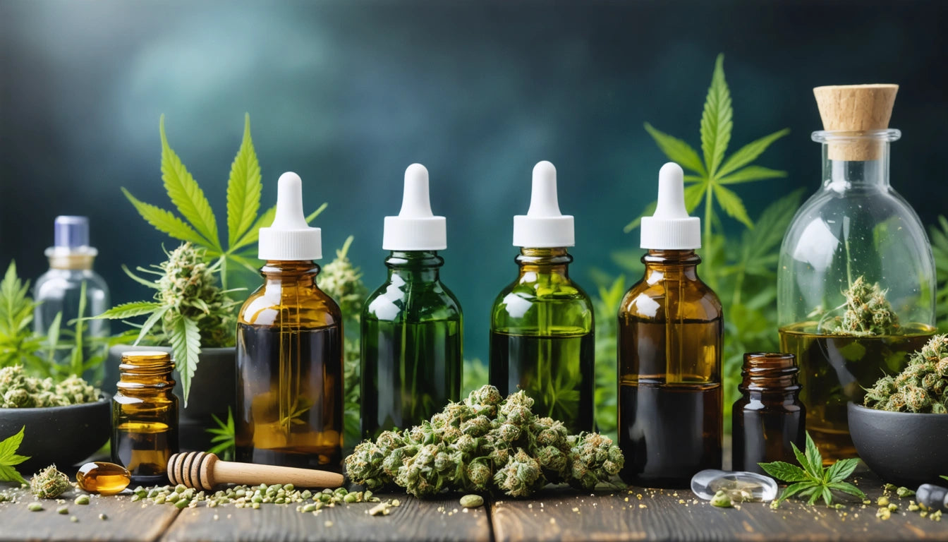 Glass dropper bottles in various colors, surrounded by cannabis leaves, buds, a honey dipper, and a corked jar on a wooden surface