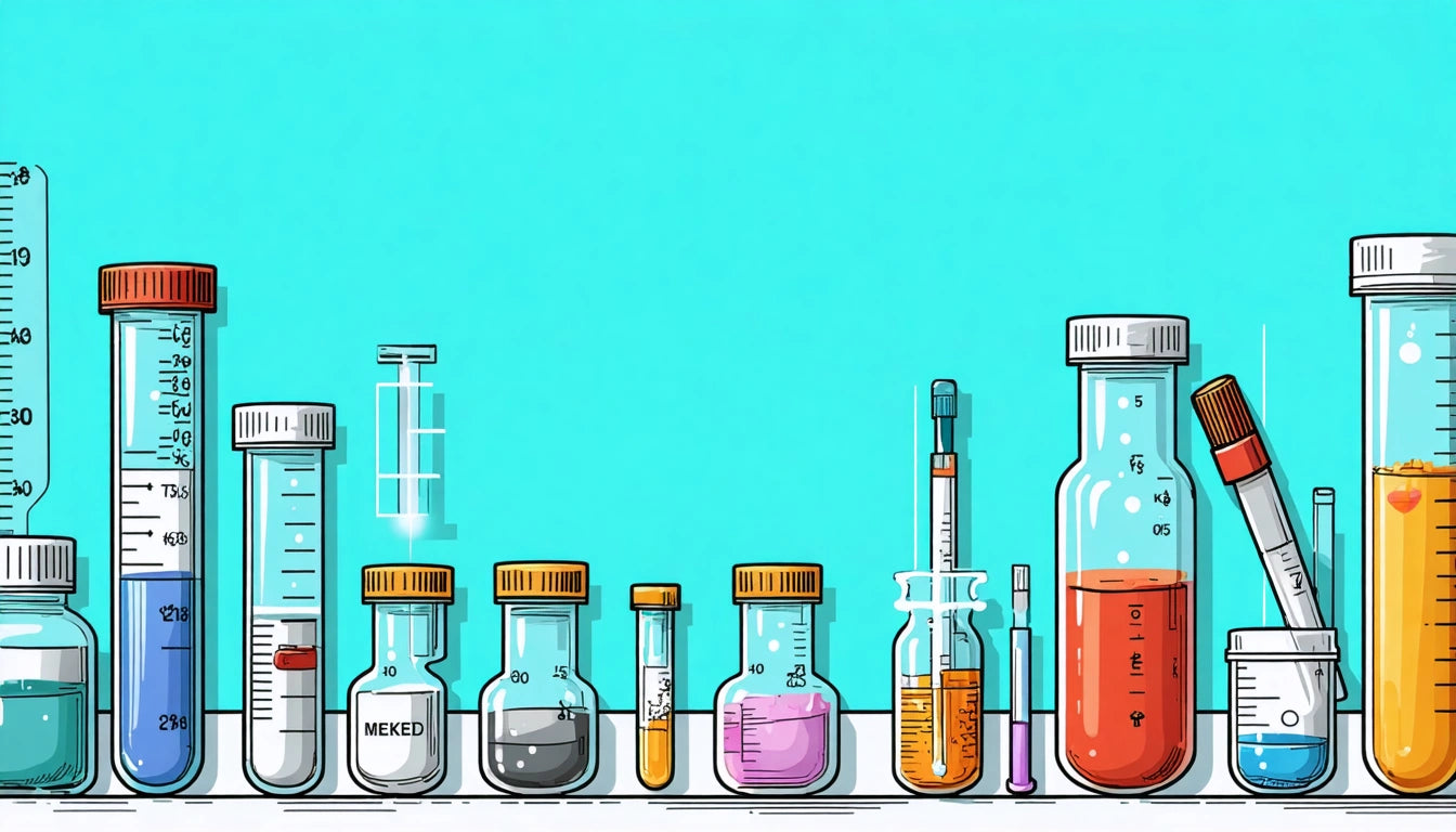 Various lab bottles and test tubes with colorful liquids on a shelf against a bright turquoise background