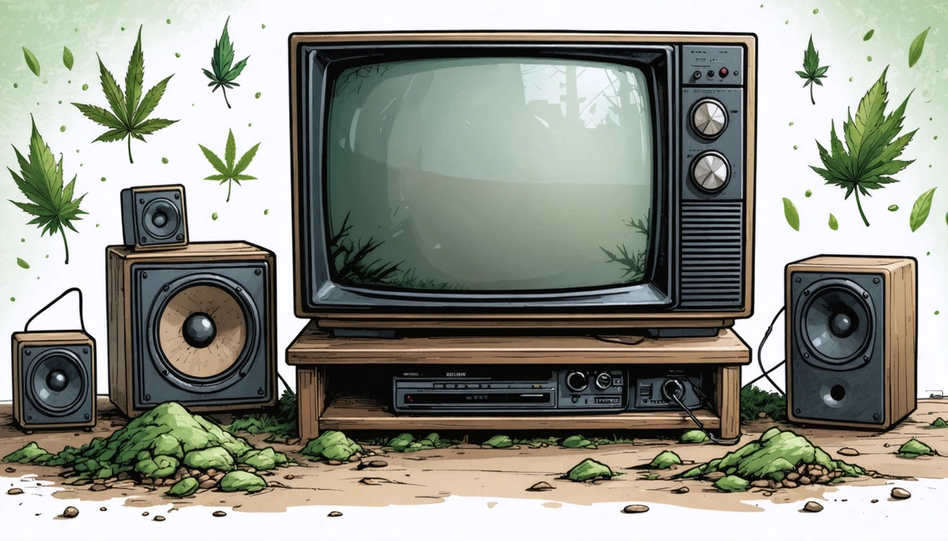 Retro TV on wooden stand with knobs, surrounded by speakers and green leaves scattered on the floor