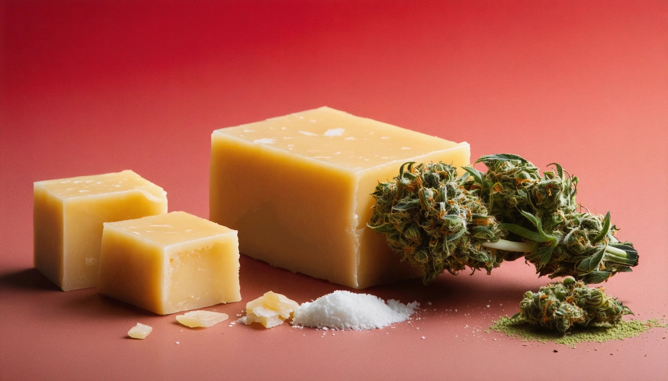 Three blocks of yellow cheese, cannabis buds, white powder, and green powder on a red surface