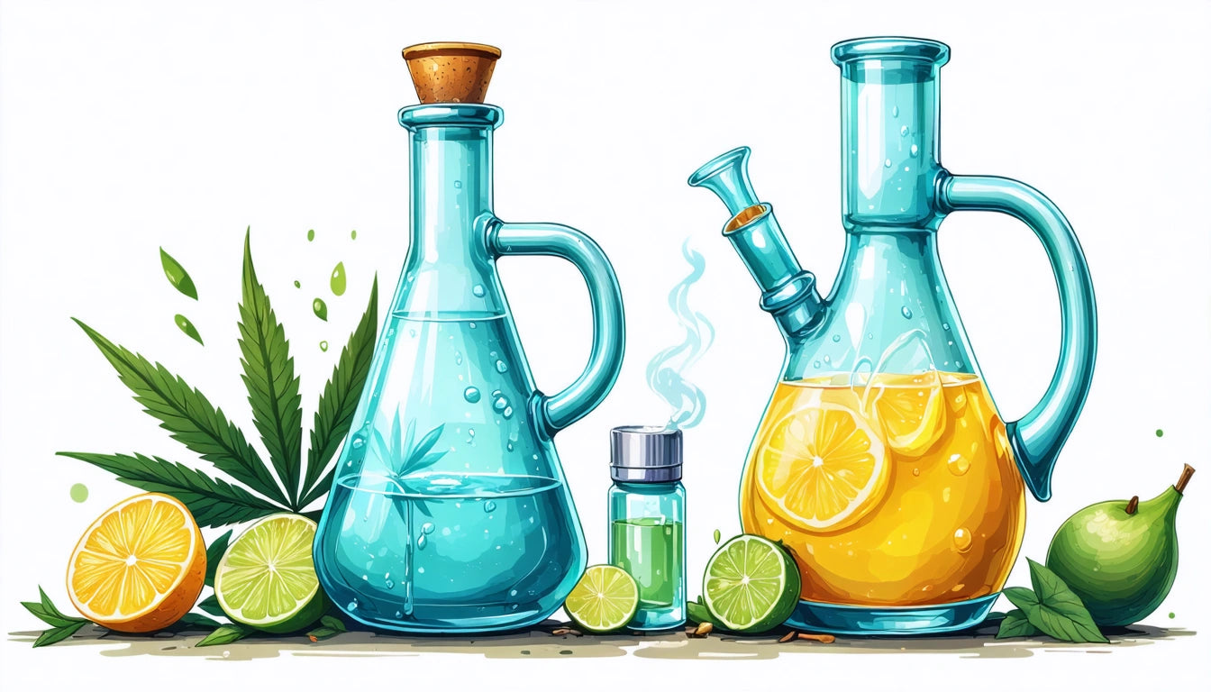 Two glass bottles with liquid, surrounded by lemons, limes, a pear, and green leaves on a white background