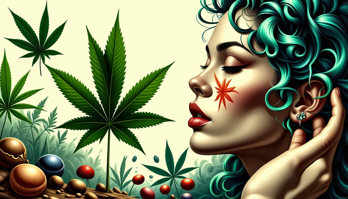 Woman with teal curly hair, eyes closed, red star on cheek, surrounded by large green leaves and colorful spheres