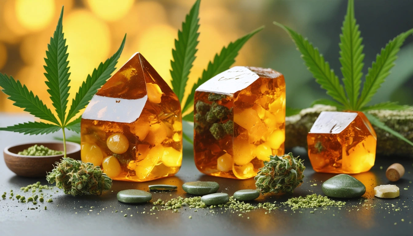 Amber-colored resin shapes with embedded objects, surrounded by green leaves, small stones, and scattered green powder