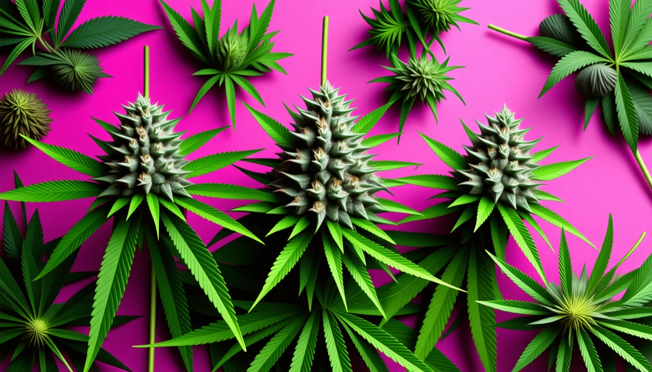 Green spiky plants with pointed leaves on a bright pink background, arranged in a symmetrical pattern