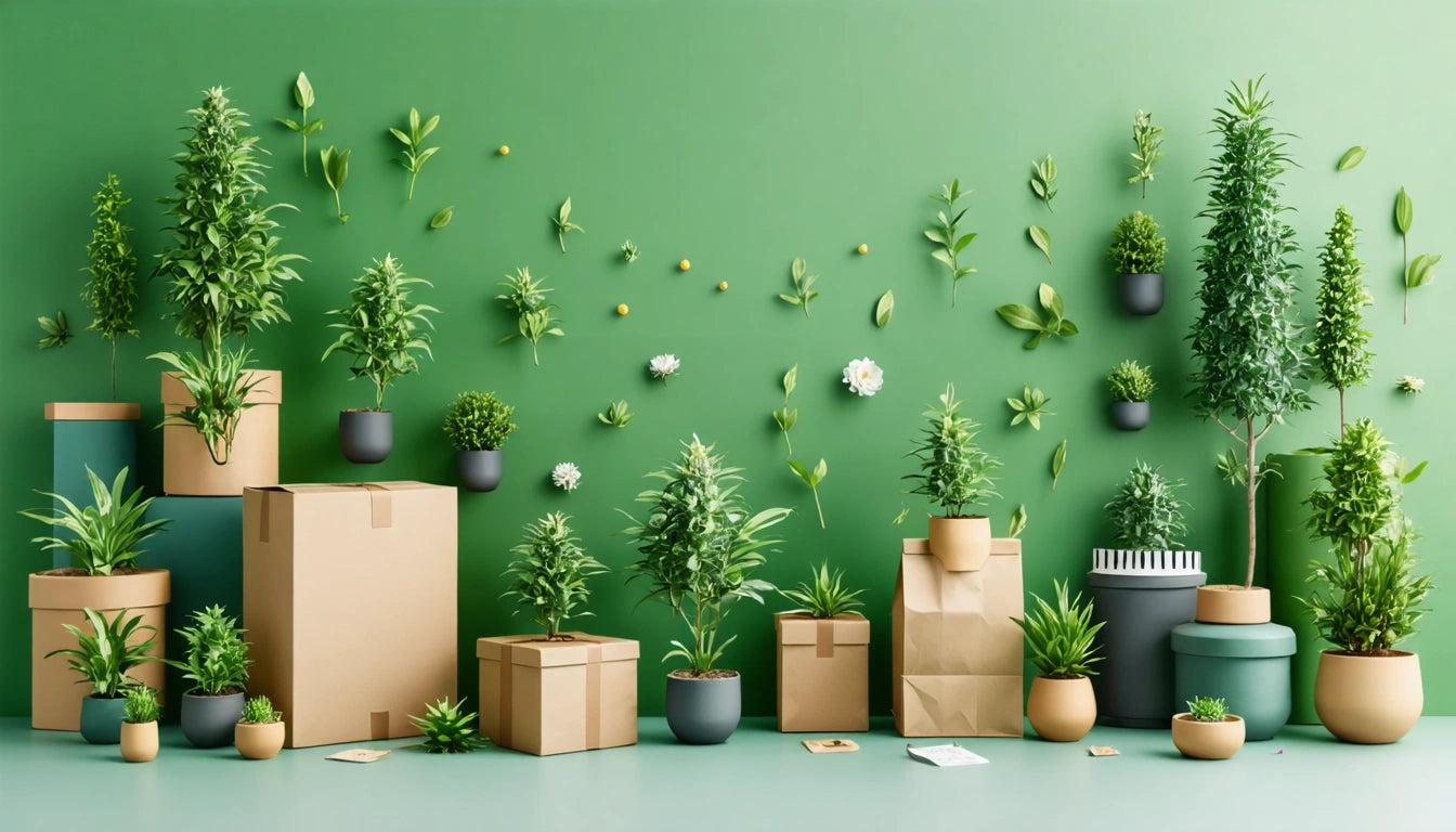 Various potted plants and cardboard boxes against a green wall with scattered leaves and flowers
