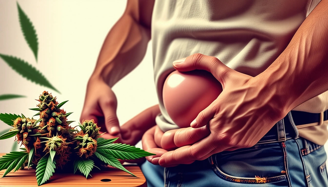 Person holding a large egg against their stomach, wearing a white shirt and jeans, with cannabis buds and leaves on a table