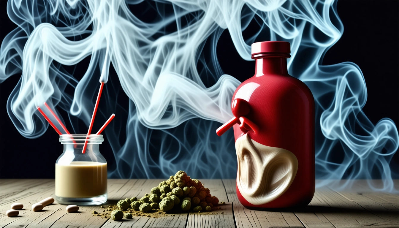 Red bottle with a spout, swirling smoke, small jar with red straws, and green pellets on wooden surface