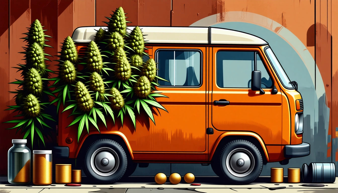 Orange van parked beside large green plants, surrounded by jars and oranges on the ground, against a wooden wall backdrop