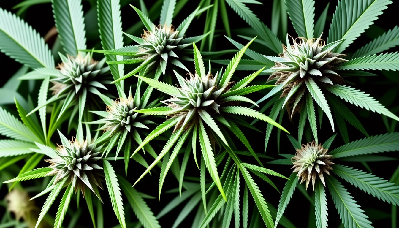 Green spiky leaves with pointed tips and star-shaped clusters, arranged densely against a dark background