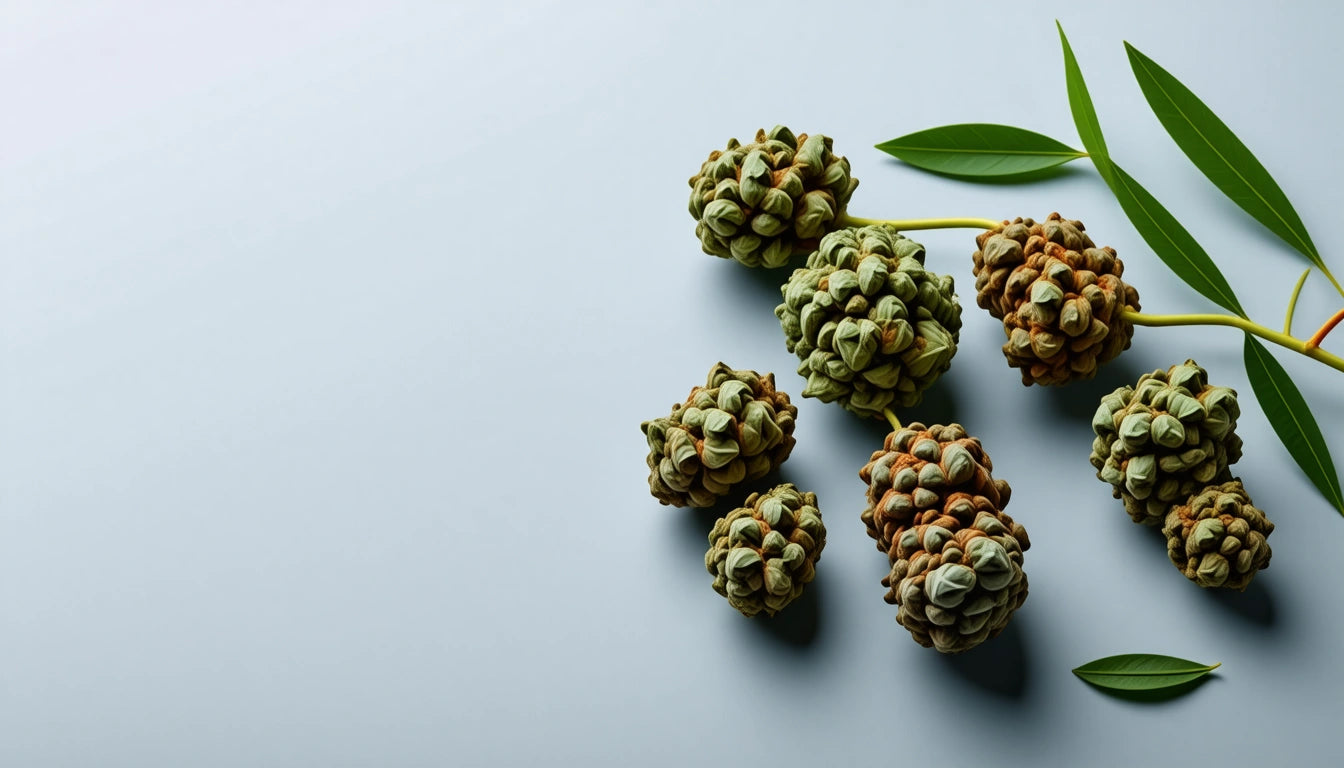 Cluster of pine cones with green and brown hues, accompanied by two green leaves, on a light gray background