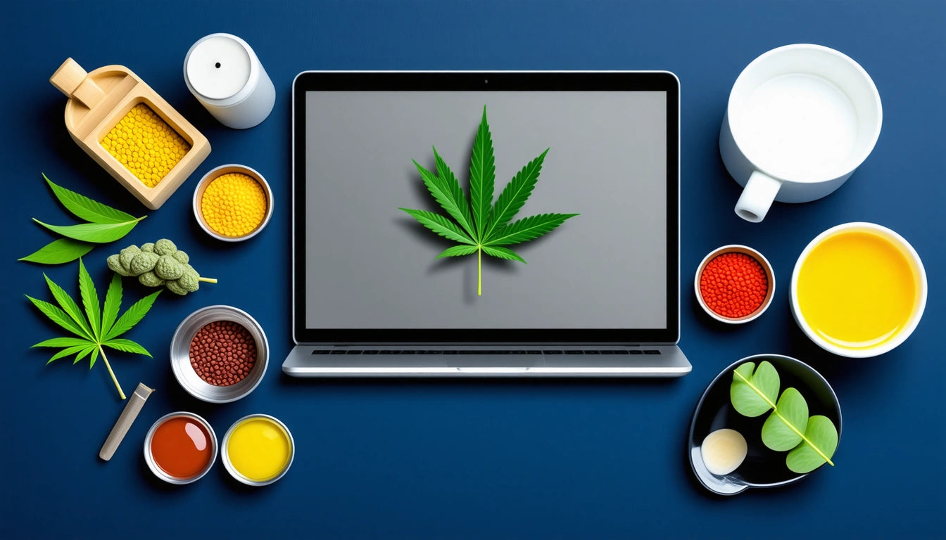Laptop with a cannabis leaf on screen, surrounded by candles, bowls of spices, and a cup on a blue surface