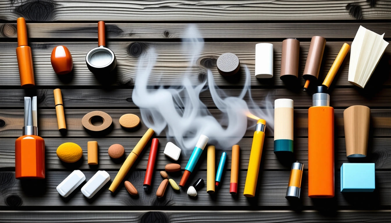 Various colorful cylindrical objects and smoke on a wooden surface
